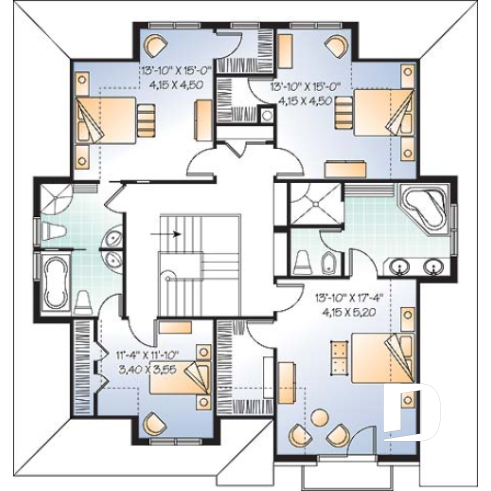 Étage - Plan de maison classique, 4 chambres, 3.5 salle de bain, foyer central, buanderie au rdc, superbe lumière - St-Arnaud