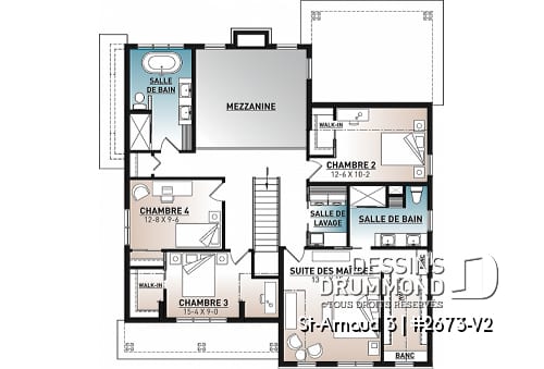 Étage - Plan de maison farmhouse américaine, 4 chambres, superbe cuisine, garage double, terrasse abritée - St-Arnaud 3