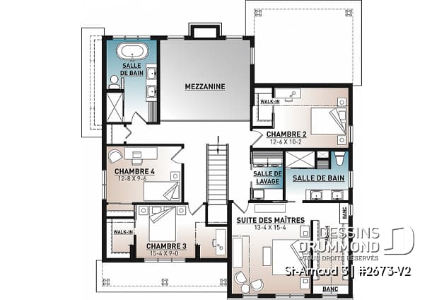 Étage - Plan de maison farmhouse américaine, 4 chambres, superbe cuisine, garage double, terrasse abritée - St-Arnaud 3
