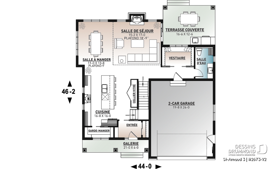 Rez-de-chaussée - Plan de maison farmhouse moderne – 4 chambres, garage double et foyer spectaculaire - St-Arnaud 3