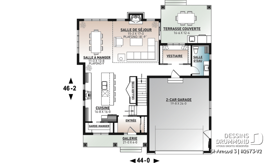 Rez-de-chaussée - Plan de maison farmhouse moderne – 4 chambres, garage double et foyer spectaculaire - St-Arnaud 3
