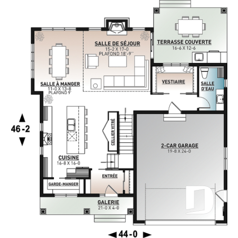 Rez-de-chaussée - Plan de maison farmhouse moderne – 4 chambres, garage double et foyer spectaculaire - St-Arnaud 3