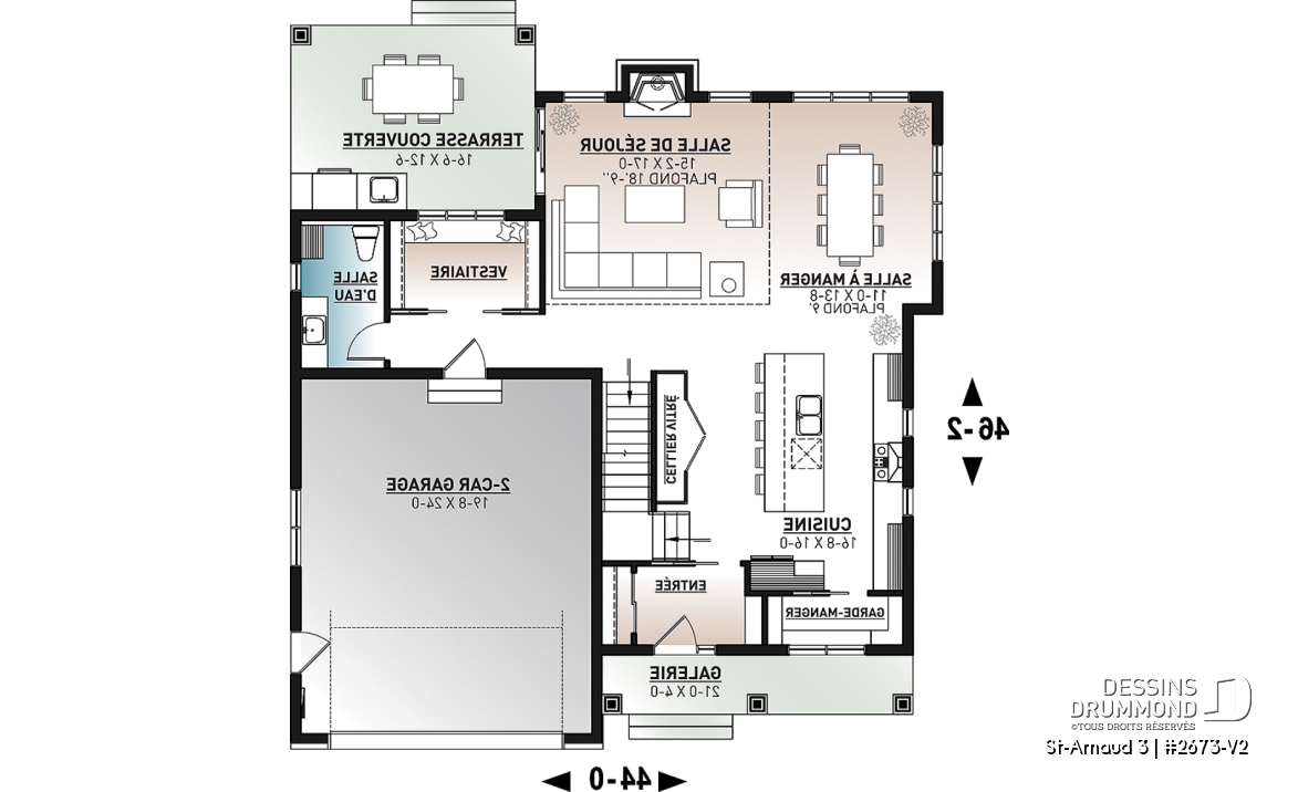 Rez-de-chaussée - Plan de maison farmhouse moderne – 4 chambres, garage double et foyer spectaculaire - St-Arnaud 3