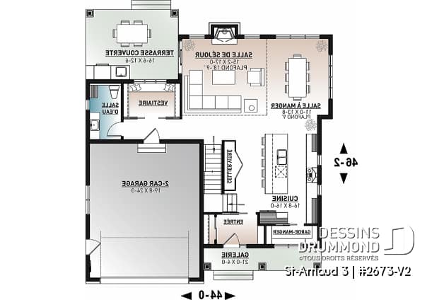 Rez-de-chaussée - Plan de maison farmhouse américaine, 4 chambres, superbe cuisine, garage double, terrasse abritée - St-Arnaud 3