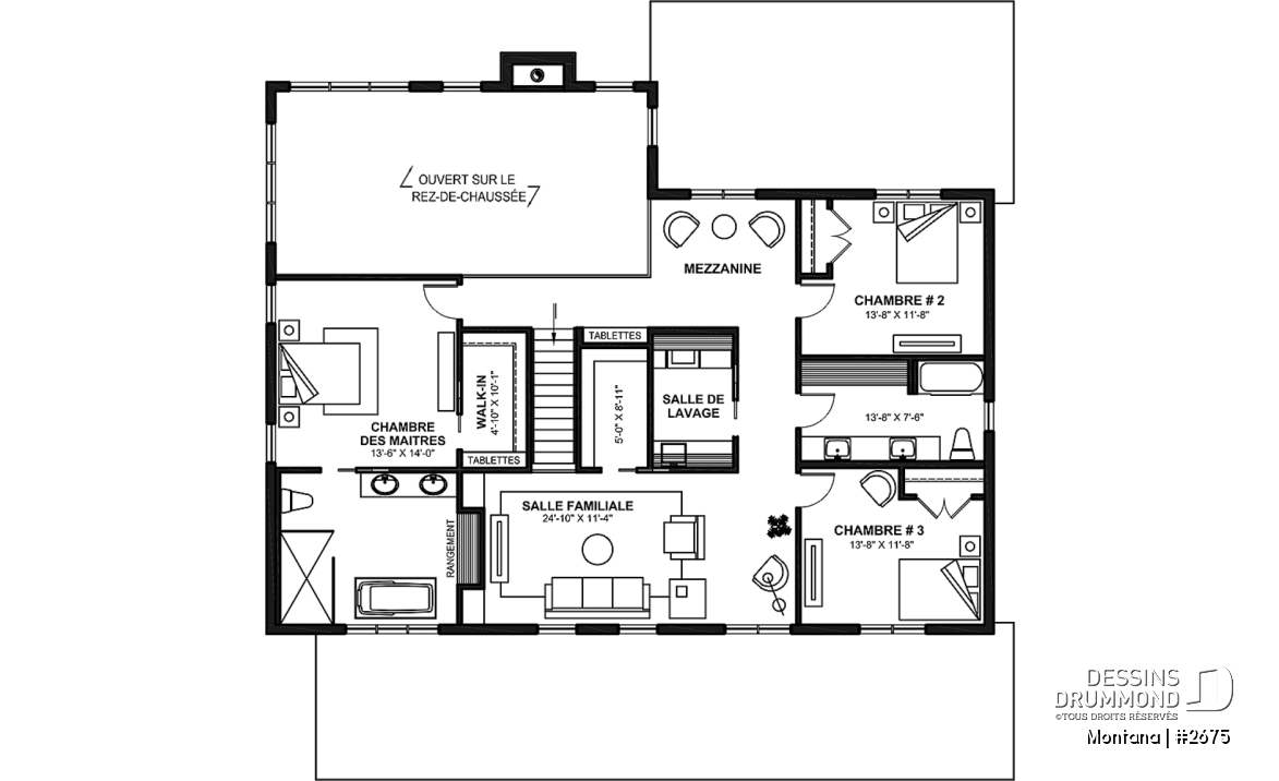 Étage - Plan de maison 3 à 4 chambres + bureau, garage spacieux, atelier accessible de l'extérieur, garde-manger - Montana