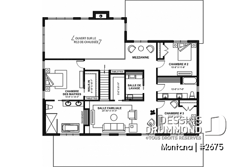 Étage - Plan de maison 3 à 4 chambres + bureau, garage spacieux, atelier accessible de l'extérieur, garde-manger - Montana