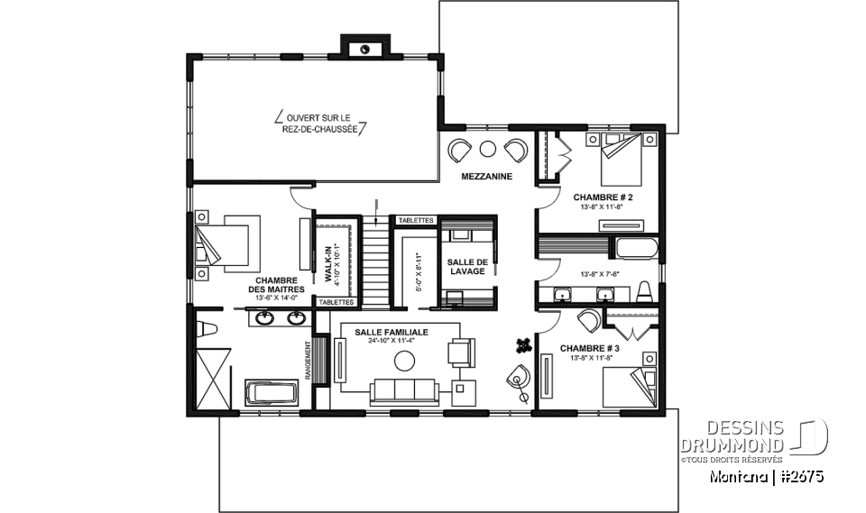 Étage - Plan de maison 3 à 4 chambres + bureau, garage spacieux, atelier accessible de l'extérieur, garde-manger - Montana