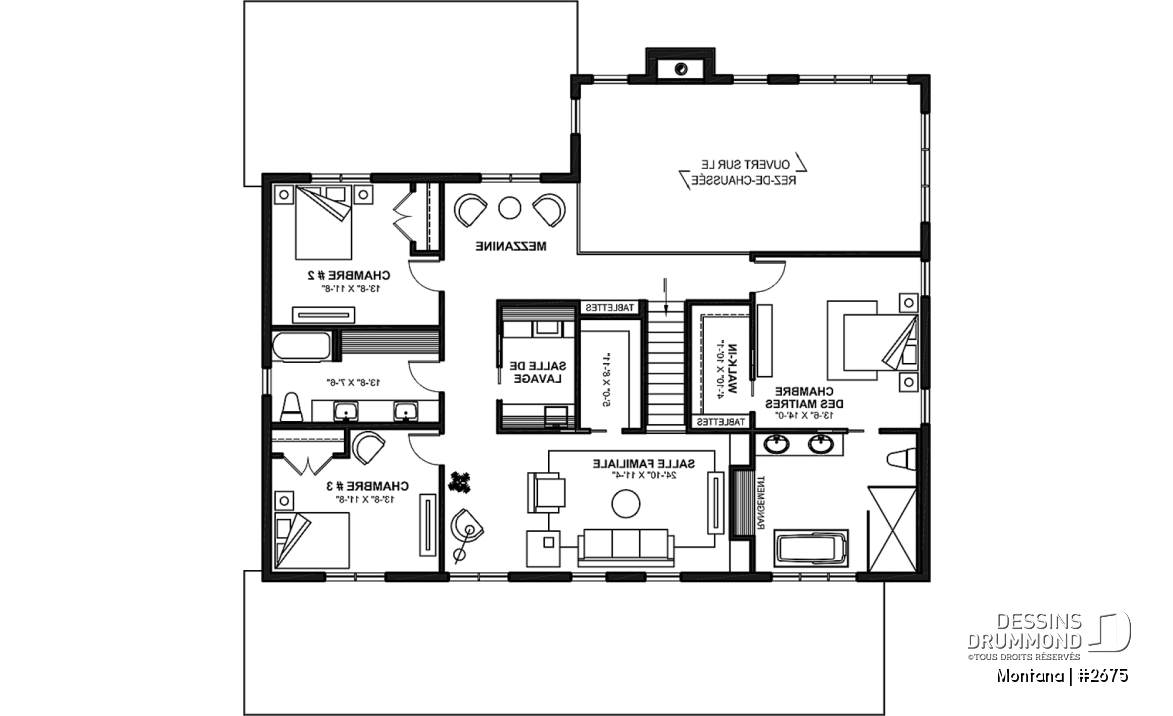 Étage - Plan de maison 3 à 4 chambres + bureau, garage spacieux, atelier accessible de l'extérieur, garde-manger - Montana