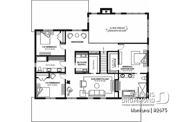 Étage - Plan de maison 3 à 4 chambres + bureau, garage spacieux, atelier accessible de l'extérieur, garde-manger - Montana