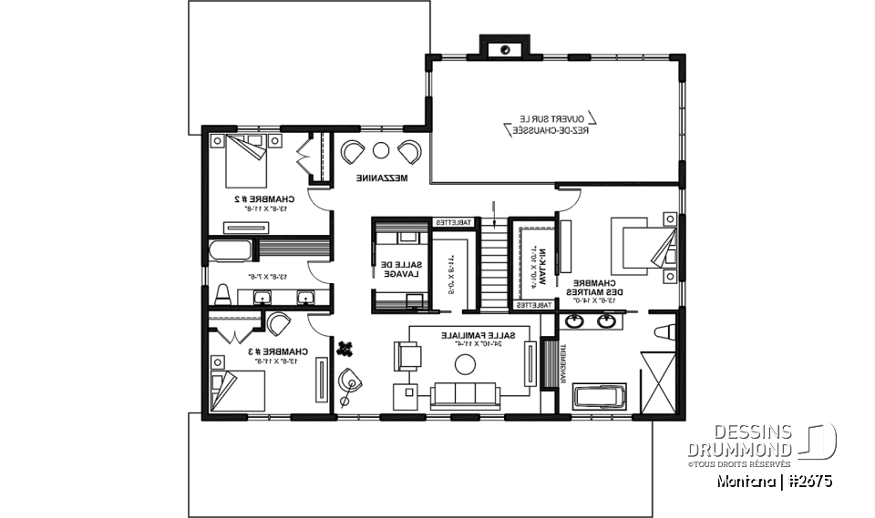 Étage - Plan de maison 3 à 4 chambres + bureau, garage spacieux, atelier accessible de l'extérieur, garde-manger - Montana