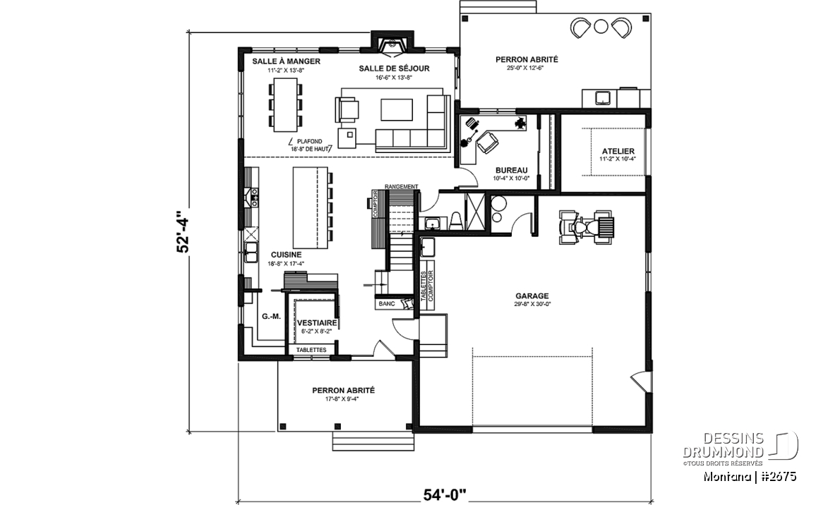 Rez-de-chaussée - Plan de maison 3 à 4 chambres + bureau, garage spacieux, atelier accessible de l'extérieur, garde-manger - Montana
