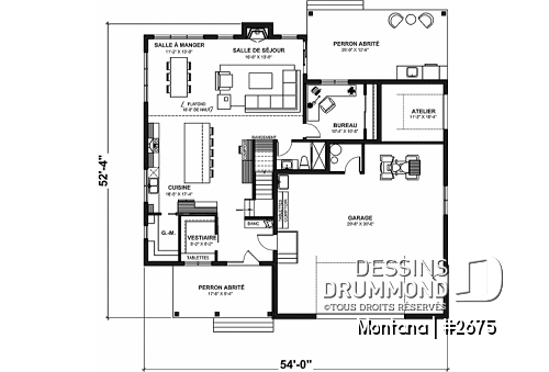 Rez-de-chaussée - Plan de maison 3 à 4 chambres + bureau, garage spacieux, atelier accessible de l'extérieur, garde-manger - Montana