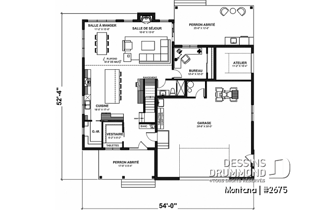 Rez-de-chaussée - Plan de maison 3 à 4 chambres + bureau, garage spacieux, atelier accessible de l'extérieur, garde-manger - Montana