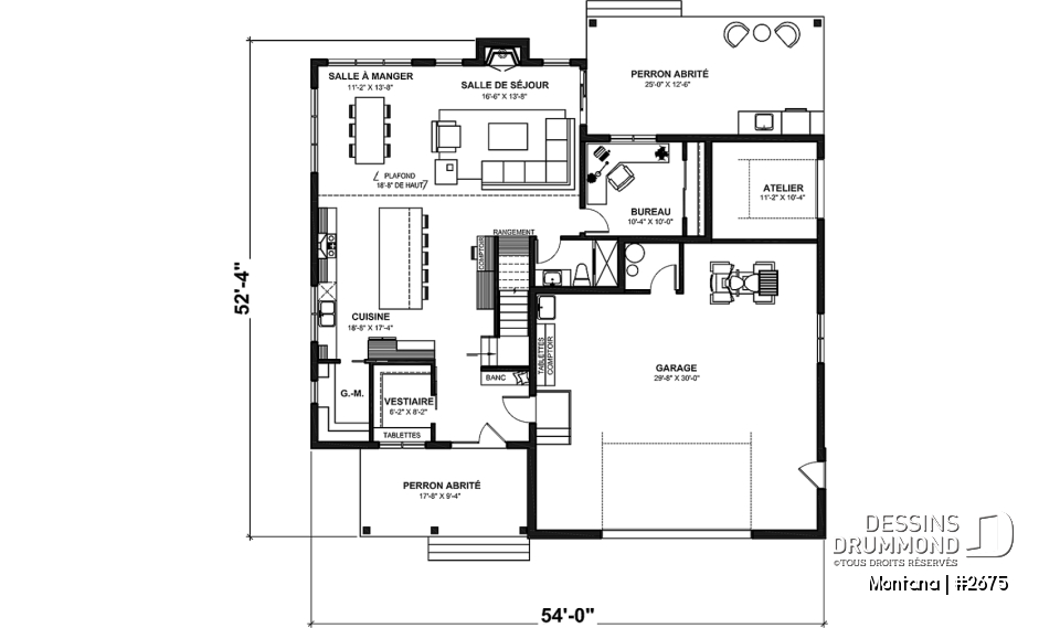 Rez-de-chaussée - Plan de maison 3 à 4 chambres + bureau, garage spacieux, atelier accessible de l'extérieur, garde-manger - Montana