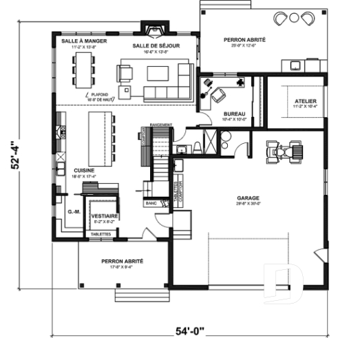 Rez-de-chaussée - Plan de maison 3 à 4 chambres + bureau, garage spacieux, atelier accessible de l'extérieur, garde-manger - Montana