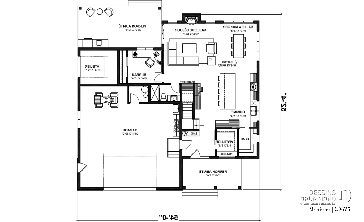 Rez-de-chaussée - Plan de maison 3 à 4 chambres + bureau, garage spacieux, atelier accessible de l'extérieur, garde-manger - Montana