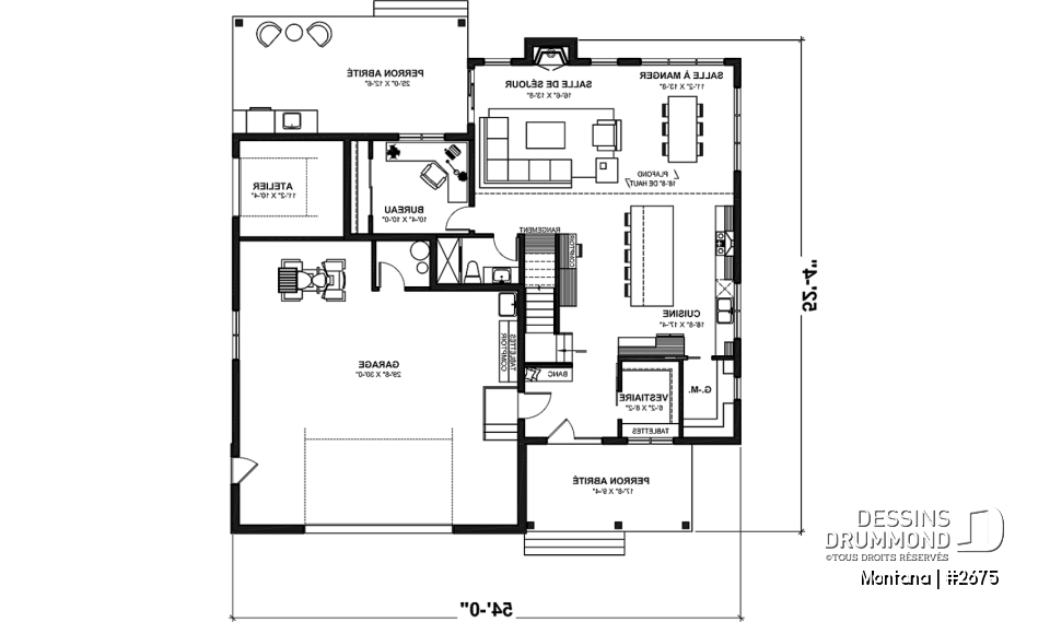 Rez-de-chaussée - Plan de maison 3 à 4 chambres + bureau, garage spacieux, atelier accessible de l'extérieur, garde-manger - Montana
