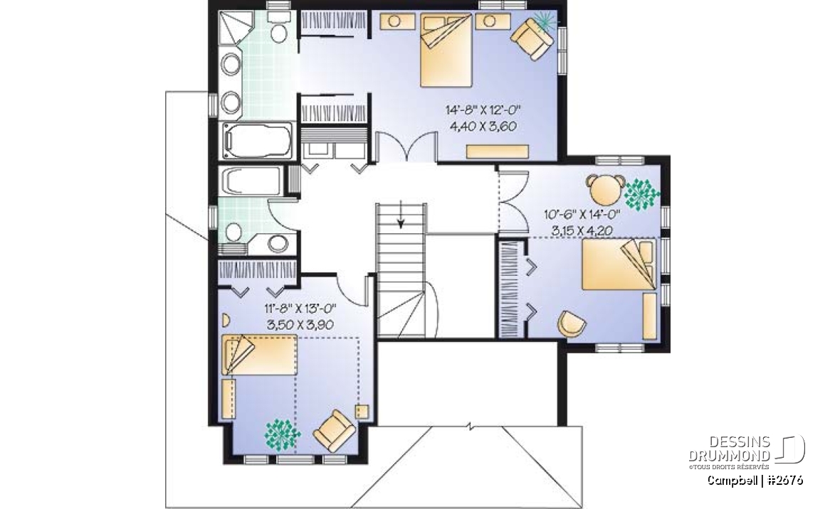 Étage - Plan de cottage avec garage, 38' de façade, 3 chambres, 2 salles de bain &amp; buanderie à l'étage, foyer - Campbell