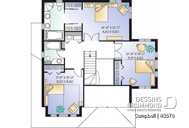 Étage - Plan de cottage avec garage, 38' de façade, 3 chambres, 2 salles de bain & buanderie à l'étage, foyer - Campbell