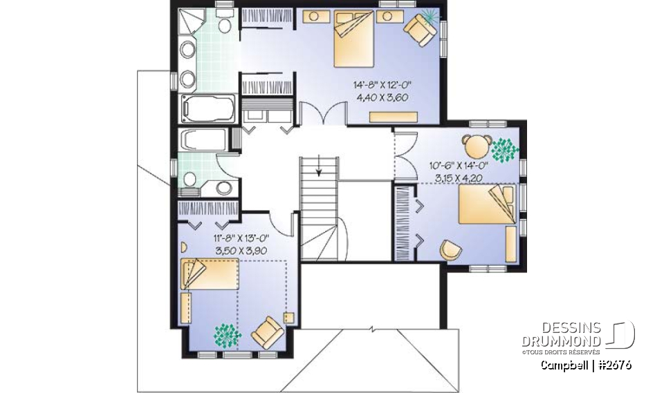 Étage - Plan de cottage avec garage, 38' de façade, 3 chambres, 2 salles de bain &amp; buanderie à l'étage, foyer - Campbell