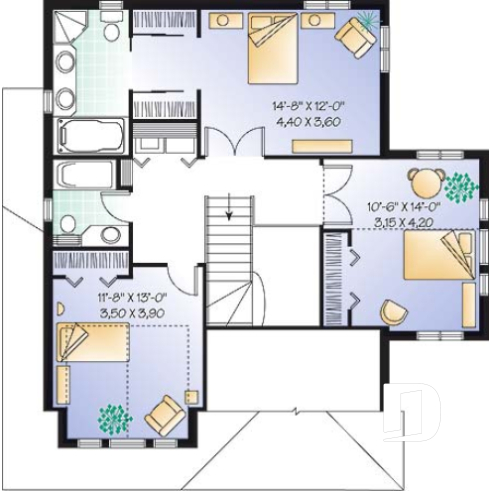 Étage - Plan de cottage avec garage, 38' de façade, 3 chambres, 2 salles de bain & buanderie à l'étage, foyer - Campbell