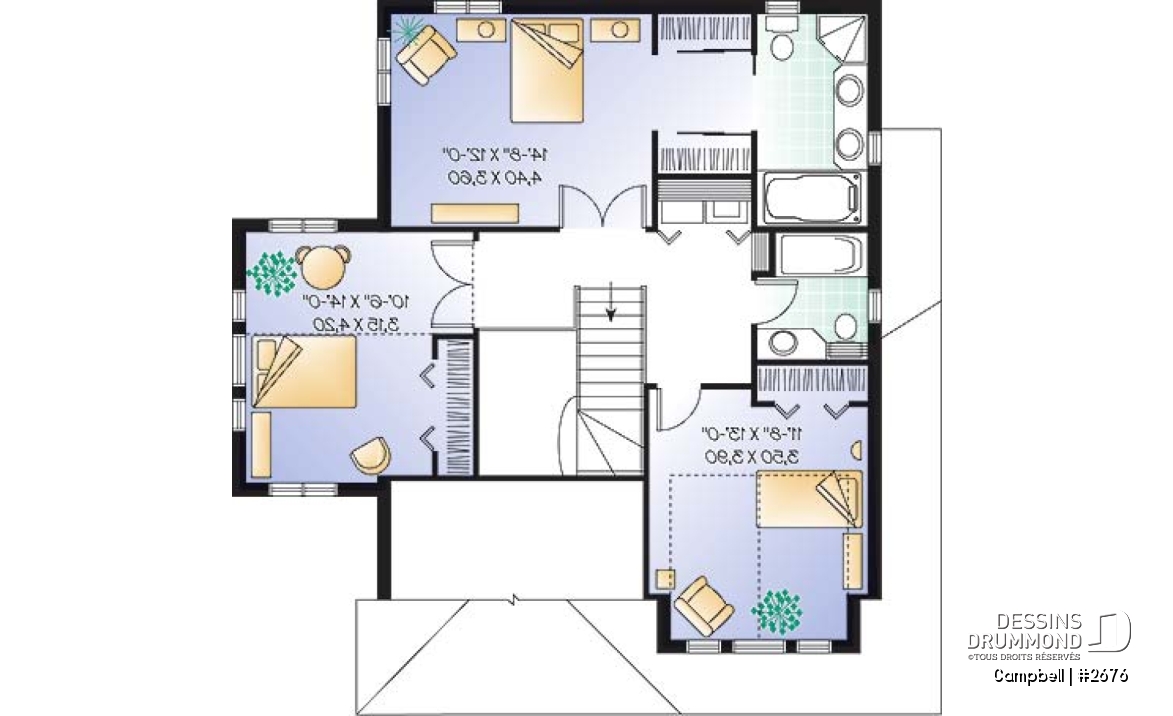 Étage - Plan de cottage avec garage, 38' de façade, 3 chambres, 2 salles de bain &amp; buanderie à l'étage, foyer - Campbell