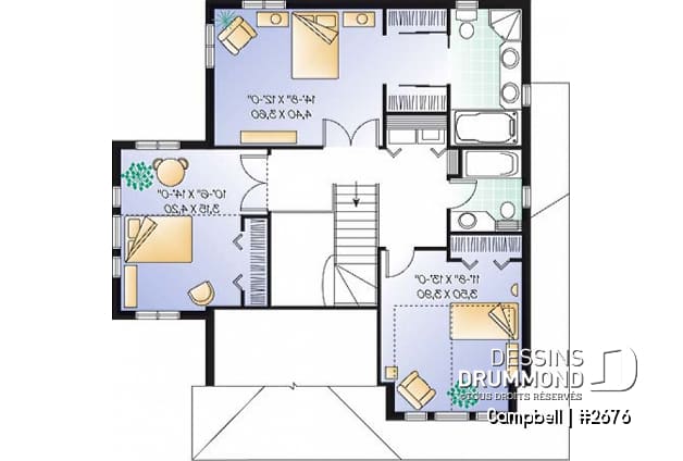 Étage - Plan de cottage avec garage, 38' de façade, 3 chambres, 2 salles de bain & buanderie à l'étage, foyer - Campbell