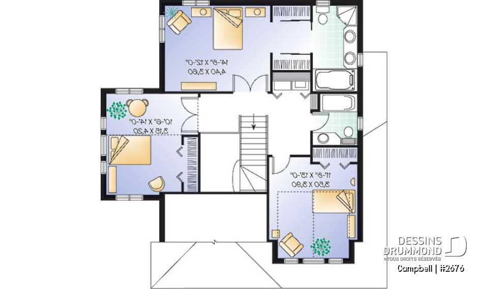 Étage - Plan de cottage avec garage, 38' de façade, 3 chambres, 2 salles de bain &amp; buanderie à l'étage, foyer - Campbell
