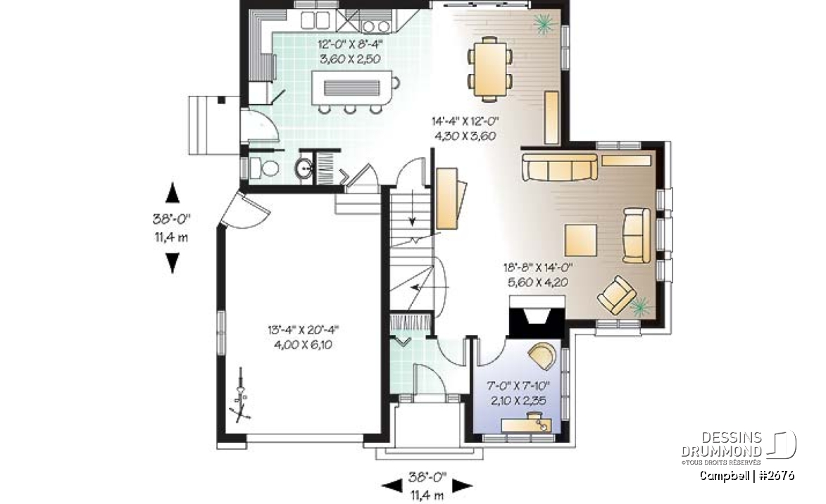 Rez-de-chaussée - Plan de cottage avec garage, 38' de façade, 3 chambres, 2 salles de bain &amp; buanderie à l'étage, foyer - Campbell
