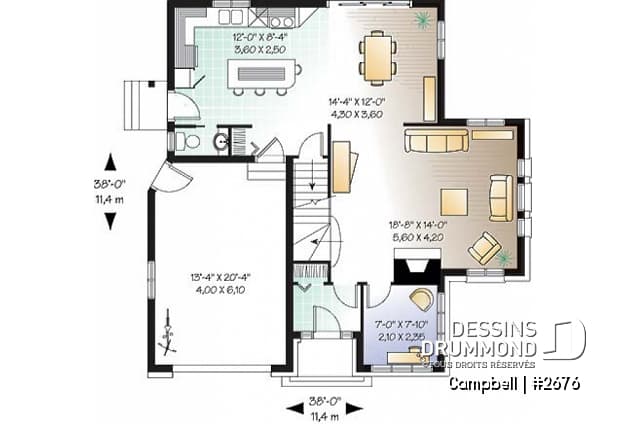 Rez-de-chaussée - Plan de cottage avec garage, 38' de façade, 3 chambres, 2 salles de bain & buanderie à l'étage, foyer - Campbell