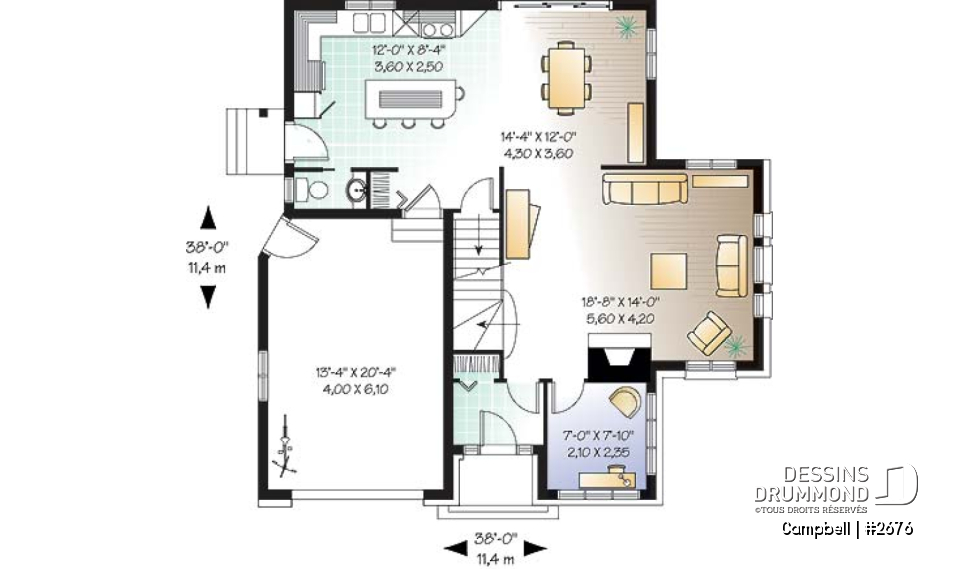 Rez-de-chaussée - Plan de cottage avec garage, 38' de façade, 3 chambres, 2 salles de bain &amp; buanderie à l'étage, foyer - Campbell