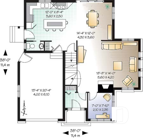 Rez-de-chaussée - Plan de cottage avec garage, 38' de façade, 3 chambres, 2 salles de bain & buanderie à l'étage, foyer - Campbell