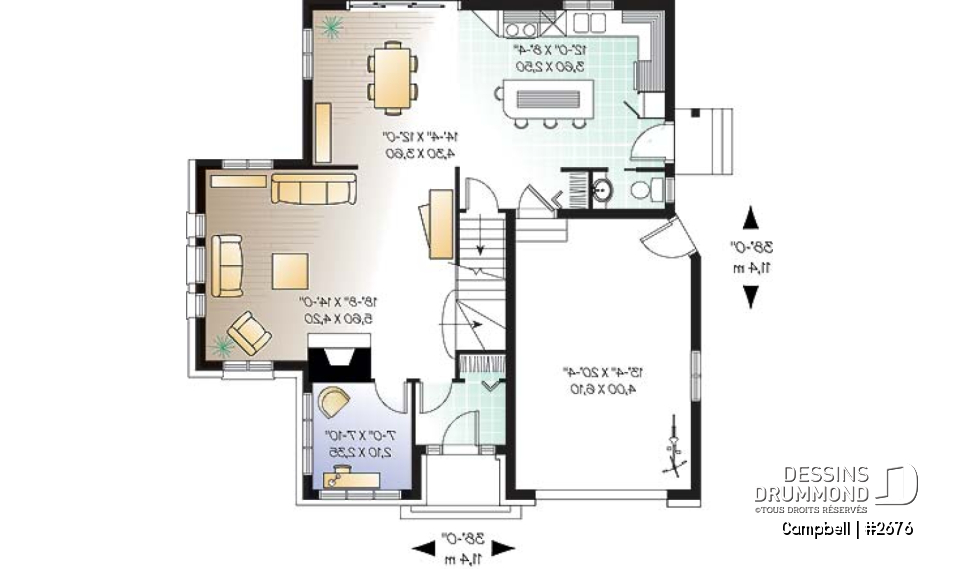 Rez-de-chaussée - Plan de cottage avec garage, 38' de façade, 3 chambres, 2 salles de bain &amp; buanderie à l'étage, foyer - Campbell