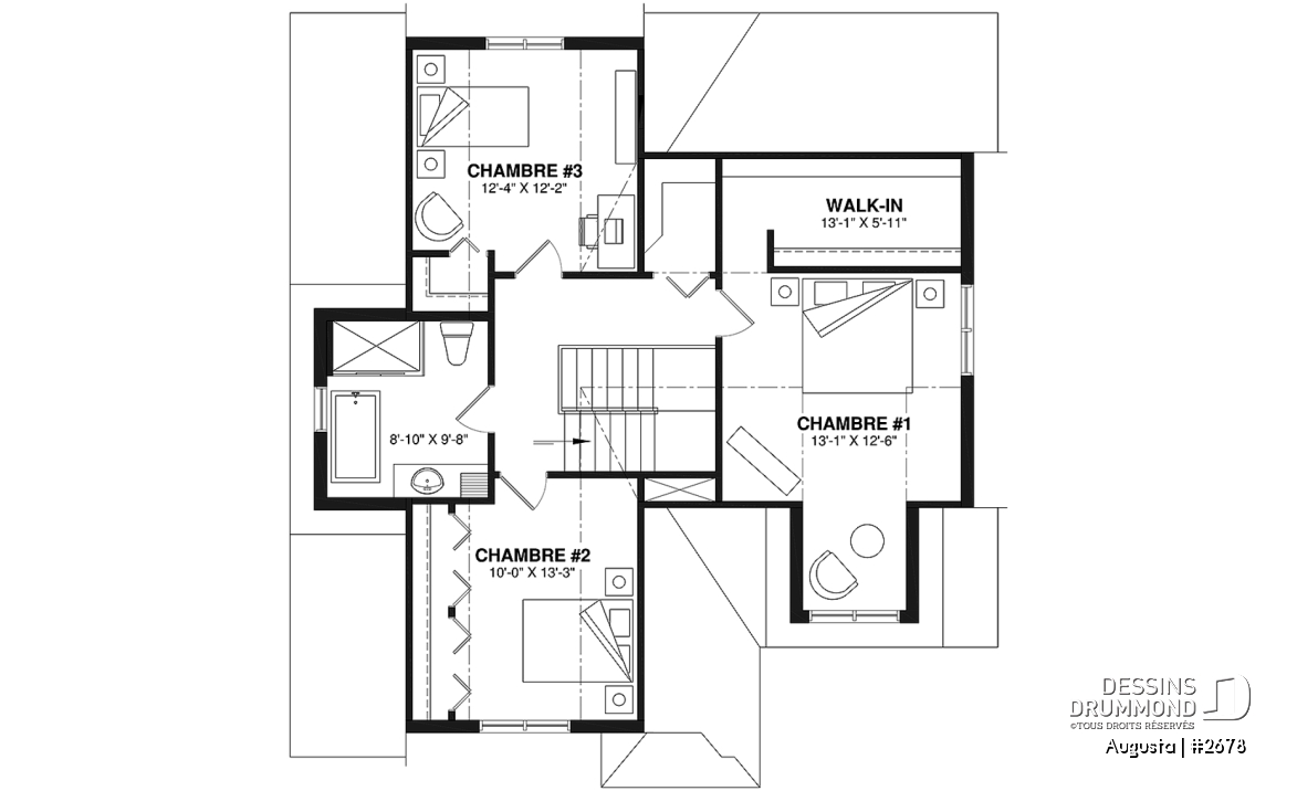 Étage - Plan de maison style Cape Cod 3 chambres, garage, idéale pour terrain étroit, garde-manger, buanderie au r-d-c - Augusta