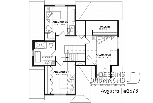 Étage - Plan de maison style Cape Cod 3 chambres, garage, idéale pour terrain étroit, garde-manger, buanderie au r-d-c - Augusta
