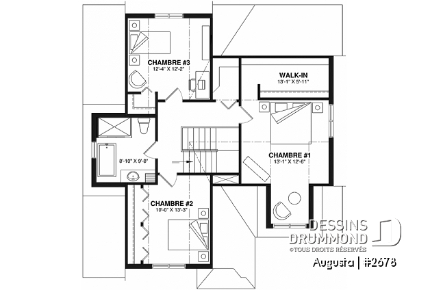 Étage - Plan de maison style Cape Cod 3 chambres, garage, idéale pour terrain étroit, garde-manger, buanderie au r-d-c - Augusta