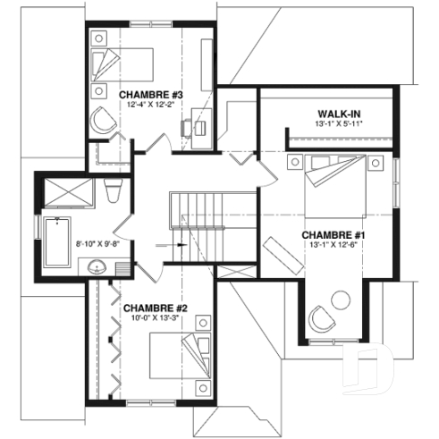 Étage - Plan de maison style Cape Cod 3 chambres, garage, idéale pour terrain étroit, garde-manger, buanderie au r-d-c - Augusta