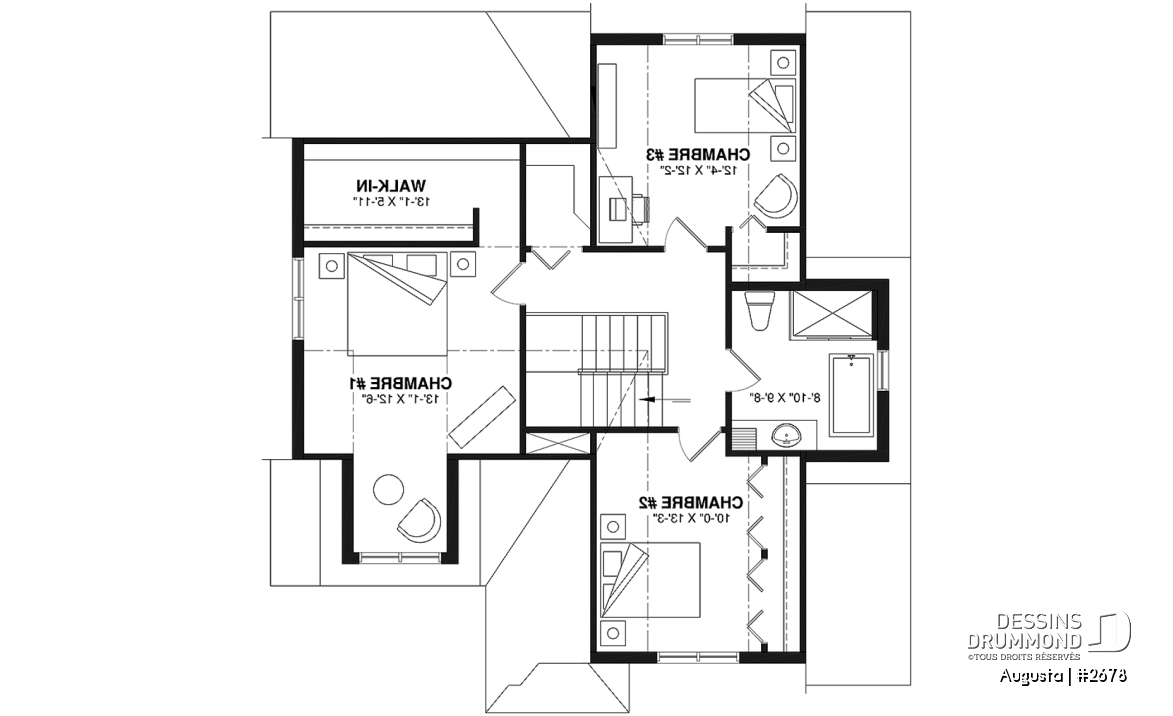 Étage - Plan de maison style Cape Cod 3 chambres, garage, idéale pour terrain étroit, garde-manger, buanderie au r-d-c - Augusta