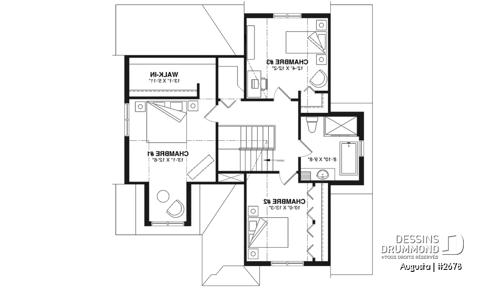 Étage - Plan de maison style Cape Cod 3 chambres, garage, idéale pour terrain étroit, garde-manger, buanderie au r-d-c - Augusta