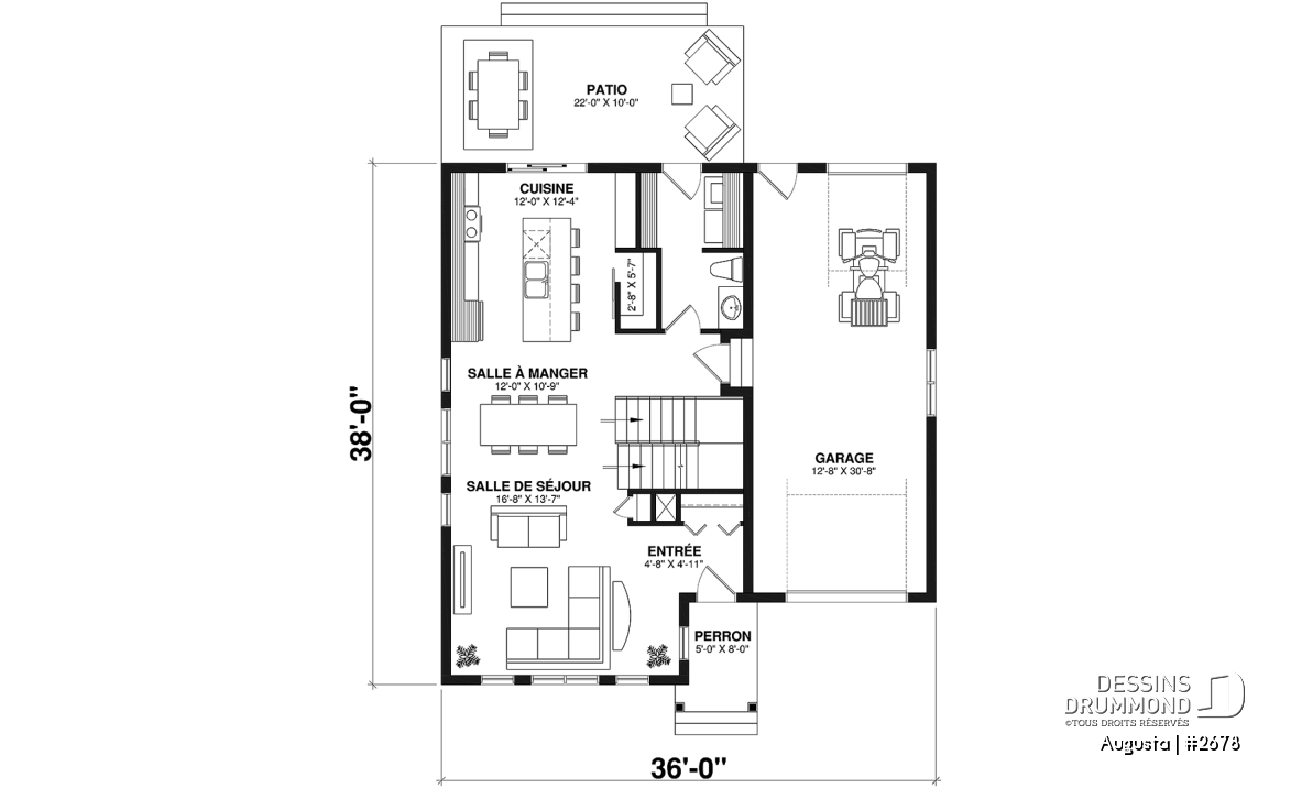 Rez-de-chaussée - Plan de maison style Cape Cod 3 chambres, garage, idéale pour terrain étroit, garde-manger, buanderie au r-d-c - Augusta