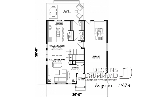 Rez-de-chaussée - Plan de maison style Cape Cod 3 chambres, garage, idéale pour terrain étroit, garde-manger, buanderie au r-d-c - Augusta
