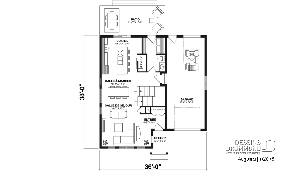 Rez-de-chaussée - Plan de maison style Cape Cod 3 chambres, garage, idéale pour terrain étroit, garde-manger, buanderie au r-d-c - Augusta