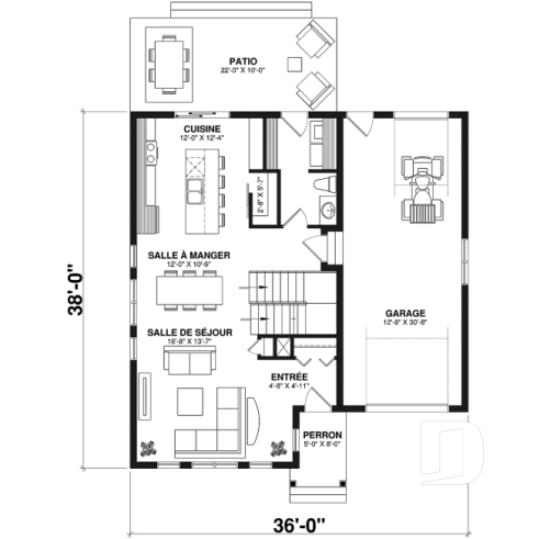 Rez-de-chaussée - Plan de maison style Cape Cod 3 chambres, garage, idéale pour terrain étroit, garde-manger, buanderie au r-d-c - Augusta