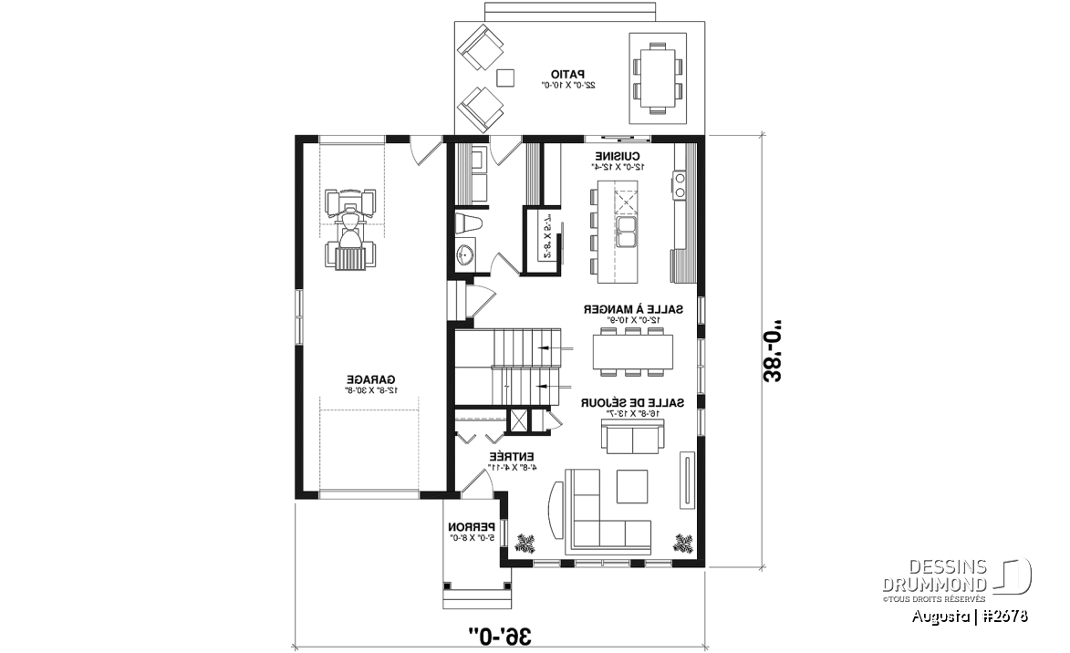 Rez-de-chaussée - Plan de maison style Cape Cod 3 chambres, garage, idéale pour terrain étroit, garde-manger, buanderie au r-d-c - Augusta