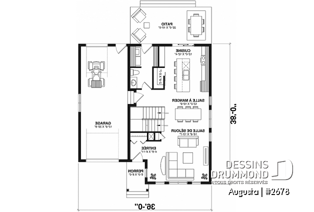 Rez-de-chaussée - Plan de maison style Cape Cod 3 chambres, garage, idéale pour terrain étroit, garde-manger, buanderie au r-d-c - Augusta