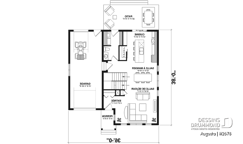 Rez-de-chaussée - Plan de maison style Cape Cod 3 chambres, garage, idéale pour terrain étroit, garde-manger, buanderie au r-d-c - Augusta