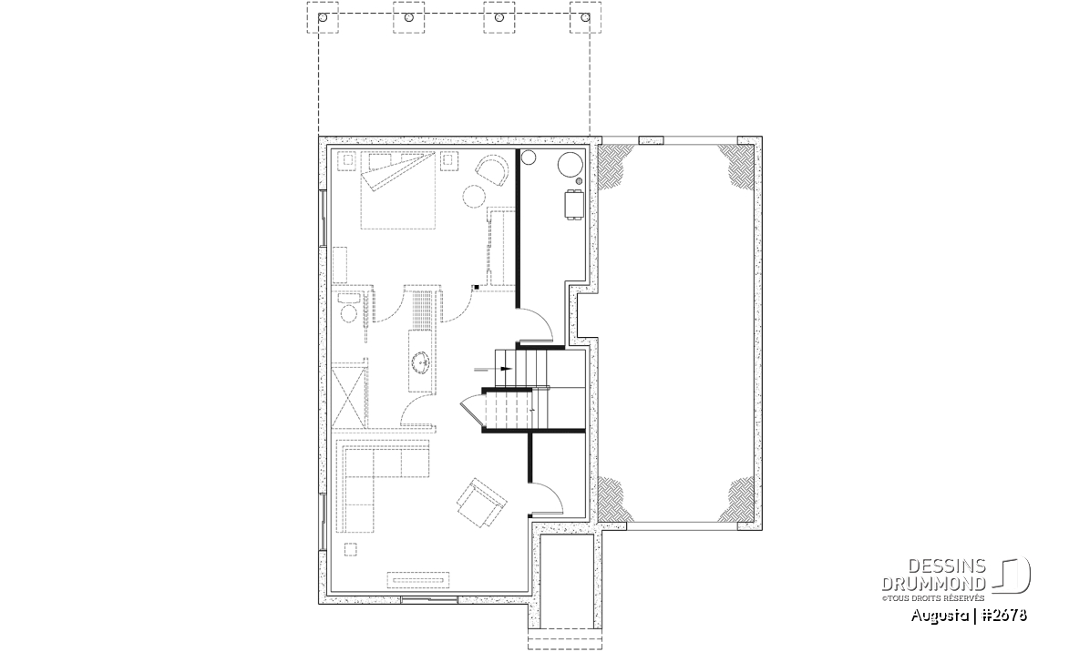 Sous-sol aménagé - Plan de maison style Cape Cod 3 chambres, garage, idéale pour terrain étroit, garde-manger, buanderie au r-d-c - Augusta
