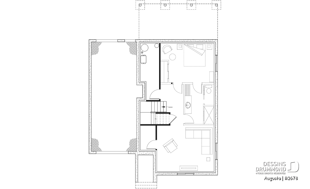 Sous-sol aménagé - Plan de maison style Cape Cod 3 chambres, garage, idéale pour terrain étroit, garde-manger, buanderie au r-d-c - Augusta