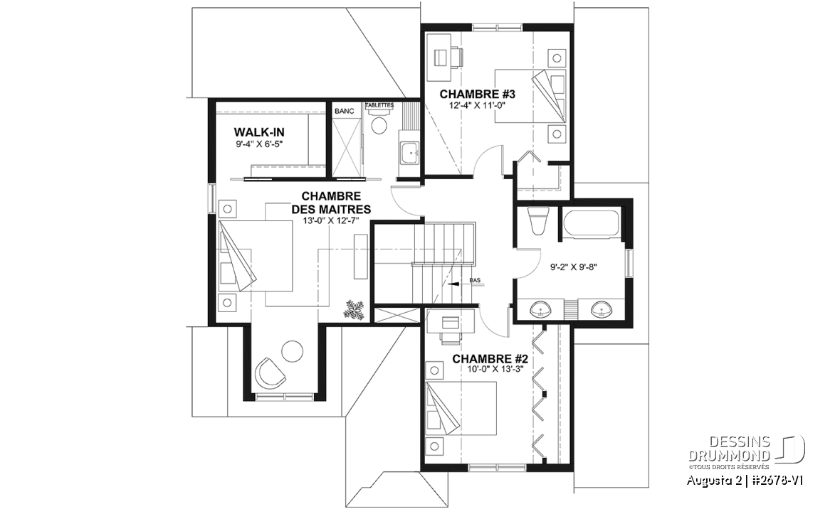 Étage - Modèle de maison champêtre traditionnel, suite des parents, 3 à 4 chambres, garage profond, sous-sol optionnel - Augusta 2