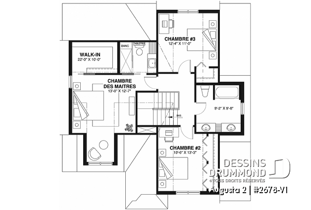 Étage - Plan de maison champêtre 3 chambres, suite des parents avec salle de bain privé, garage - Augusta 2